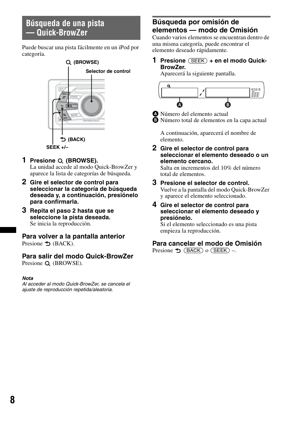 Búsqueda de una pista - quick-browzer, Búsqueda de una pista — quick-browzer | Sony CDX GT430IP User Manual | Page 46 / 60