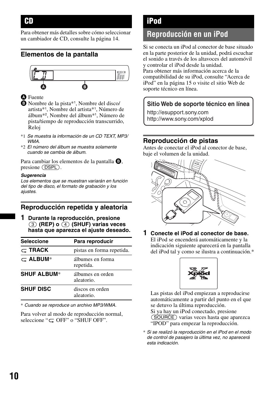 Elementos de la pantalla, Reproducción repetida y aleatoria, Ipod | Reproducción en un ipod, Reproducción de pistas, Ipod reproducción en un ipod, Sitio web de soporte técnico en línea | Sony CDX GT430IP User Manual | Page 48 / 60