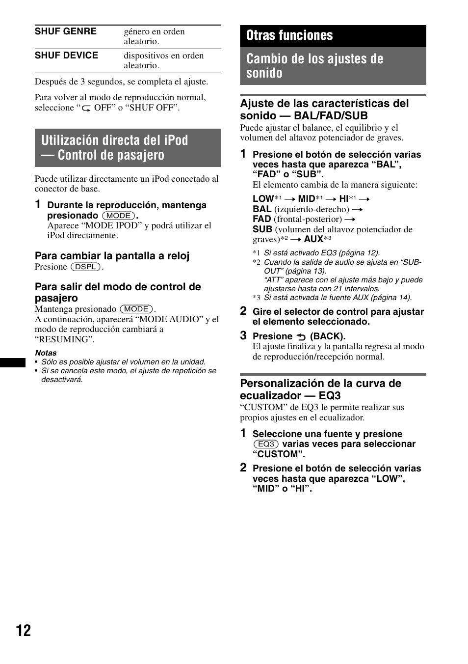 Utilización directa del ipod - control de pasajero, Otras funciones, Cambio de los ajustes de sonido | Personalización de la curva de ecualizador - eq3, Utilización directa del ipod — control de pasajero, Otras funciones cambio de los ajustes de sonido | Sony CDX GT430IP User Manual | Page 50 / 60