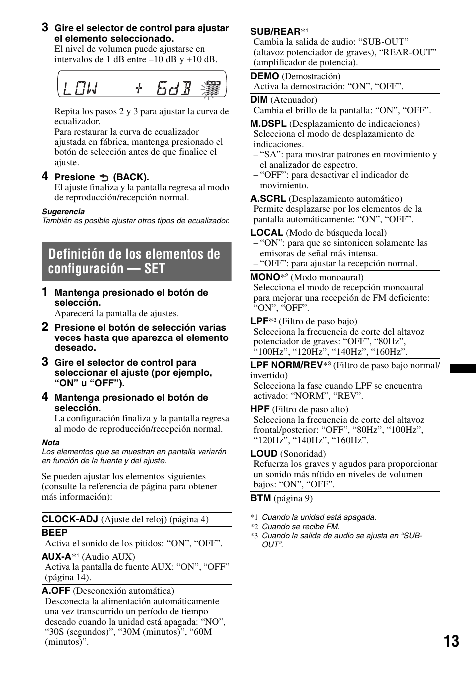 Definición de los elementos de configuración - set, Definición de los elementos de configuración — set | Sony CDX GT430IP User Manual | Page 51 / 60