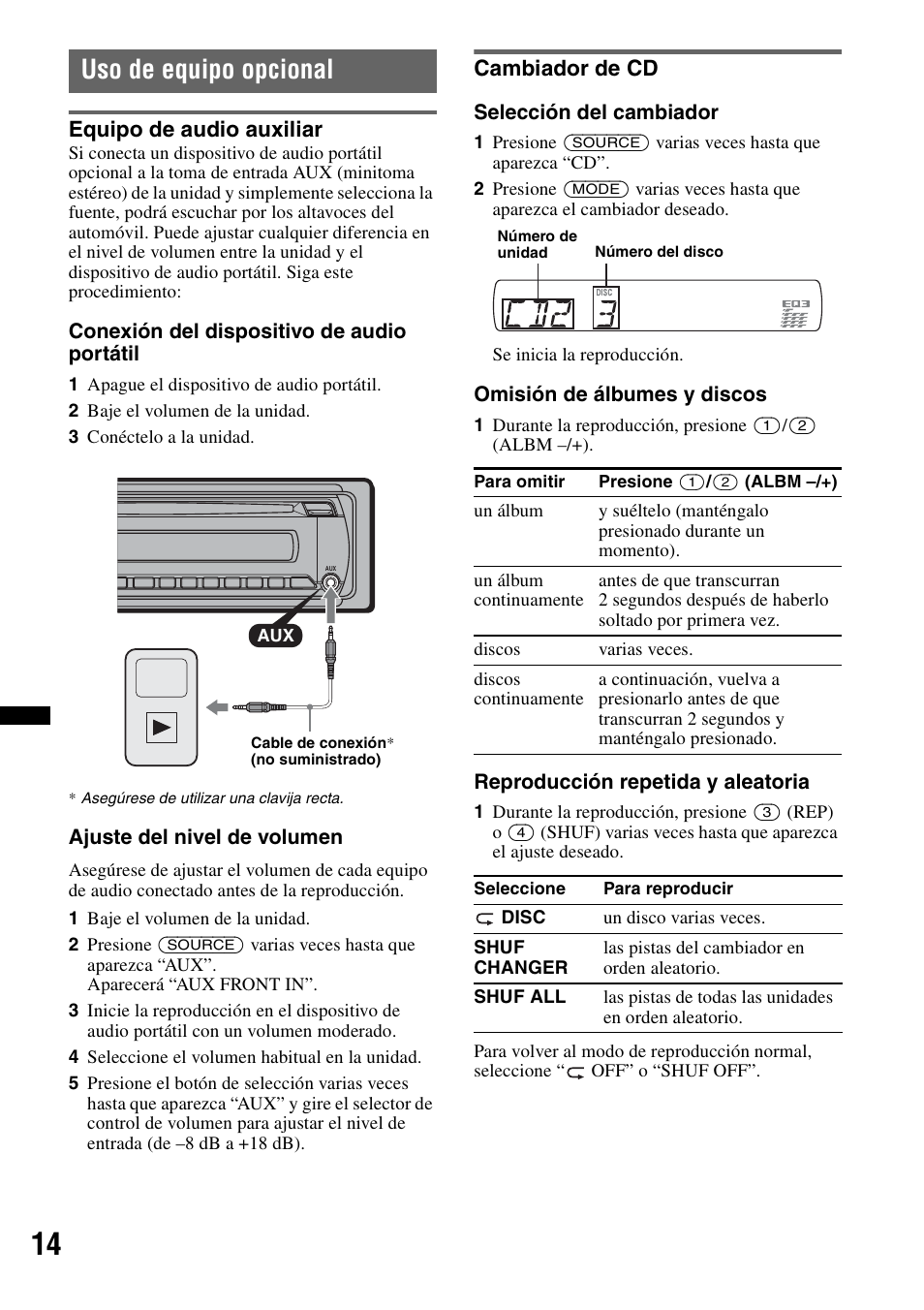 Uso de equipo opcional, Equipo de audio auxiliar, Cambiador de cd | Equipo de audio auxiliar cambiador de cd | Sony CDX GT430IP User Manual | Page 52 / 60