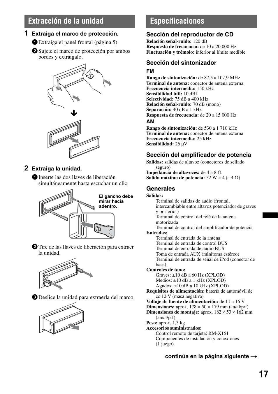 Extracción de la unidad, Especificaciones, Extracción de la unidad especificaciones | Sony CDX GT430IP User Manual | Page 55 / 60