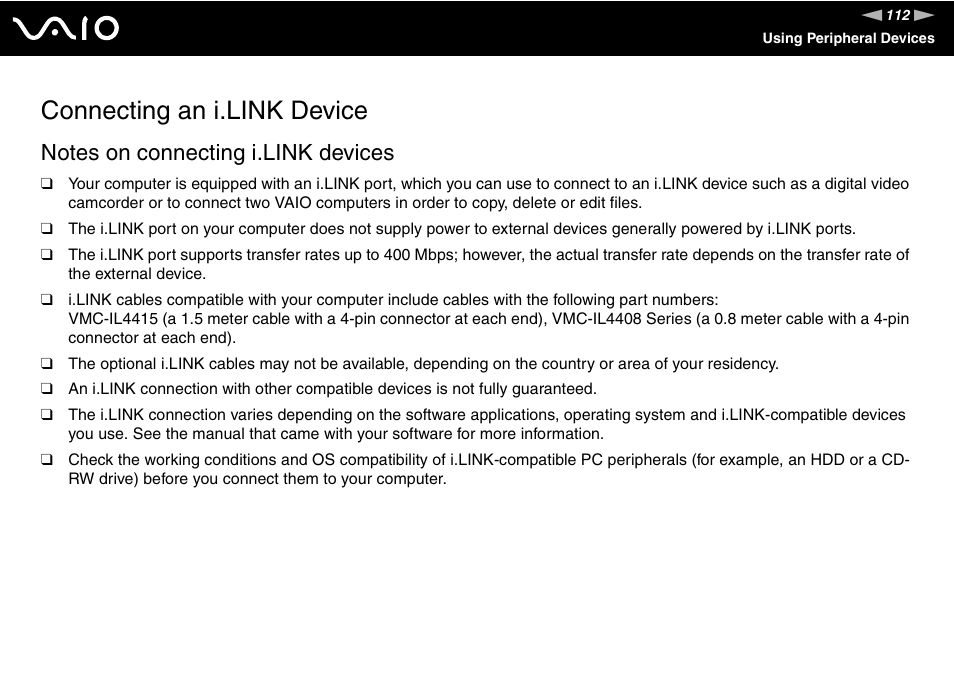 Connecting an i.link device | Sony VGN-BX600 User Manual | Page 112 / 236