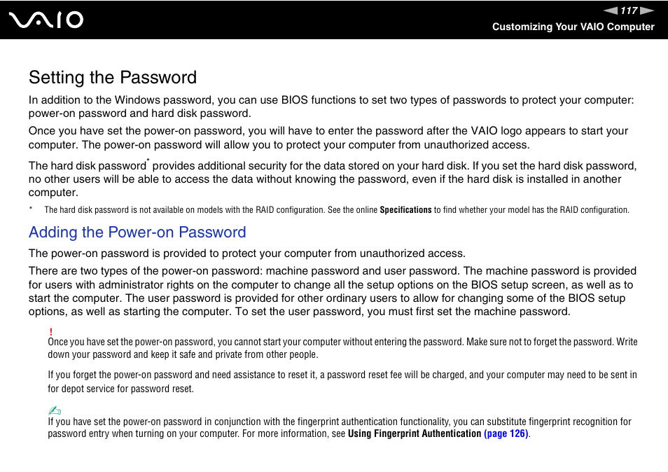 Setting the password, Adding the power-on password | Sony VGN-BX600 User Manual | Page 117 / 236