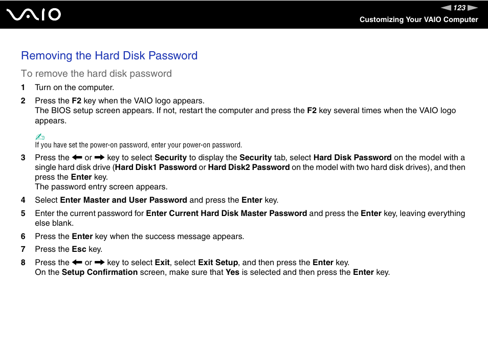 Removing the hard disk password | Sony VGN-BX600 User Manual | Page 123 / 236