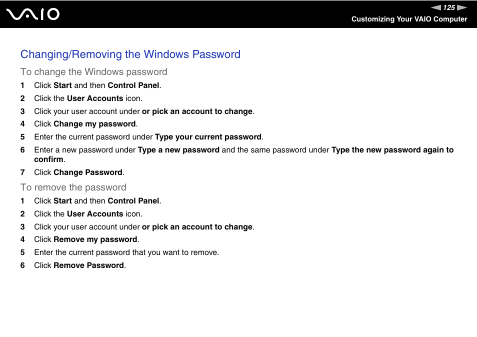 Changing/removing the windows password | Sony VGN-BX600 User Manual | Page 125 / 236