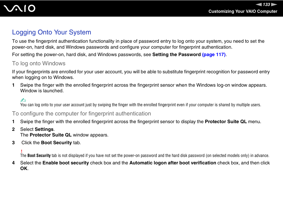 Logging onto your system | Sony VGN-BX600 User Manual | Page 133 / 236