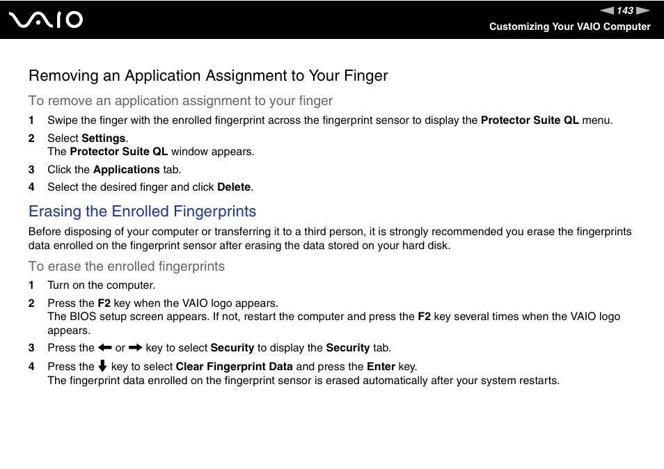 Removing an application assignment to your finger, Erasing the enrolled fingerprints | Sony VGN-BX600 User Manual | Page 143 / 236