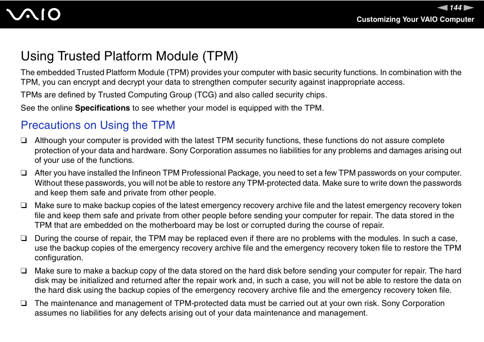 Using trusted platform module (tpm), Precautions on using the tpm | Sony VGN-BX600 User Manual | Page 144 / 236