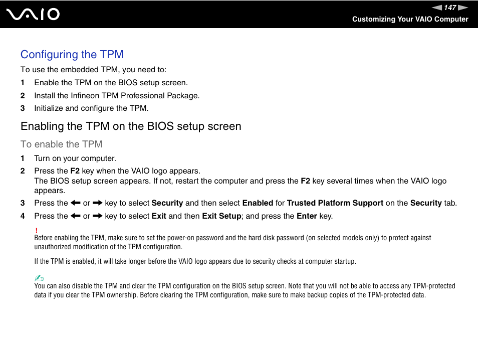 Configuring the tpm, Enabling the tpm on the bios setup screen | Sony VGN-BX600 User Manual | Page 147 / 236