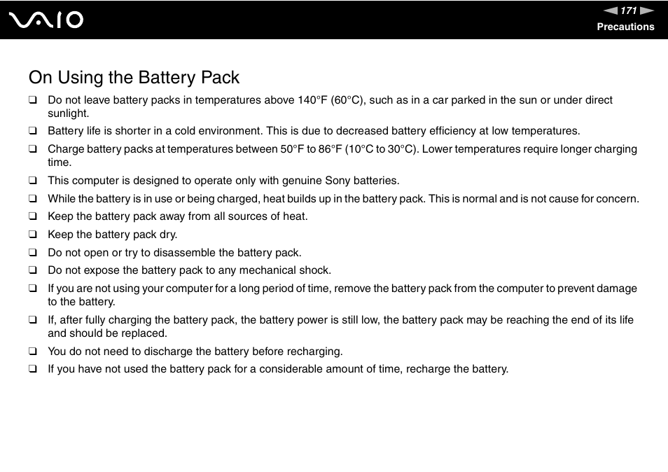 On using the battery pack | Sony VGN-BX600 User Manual | Page 171 / 236