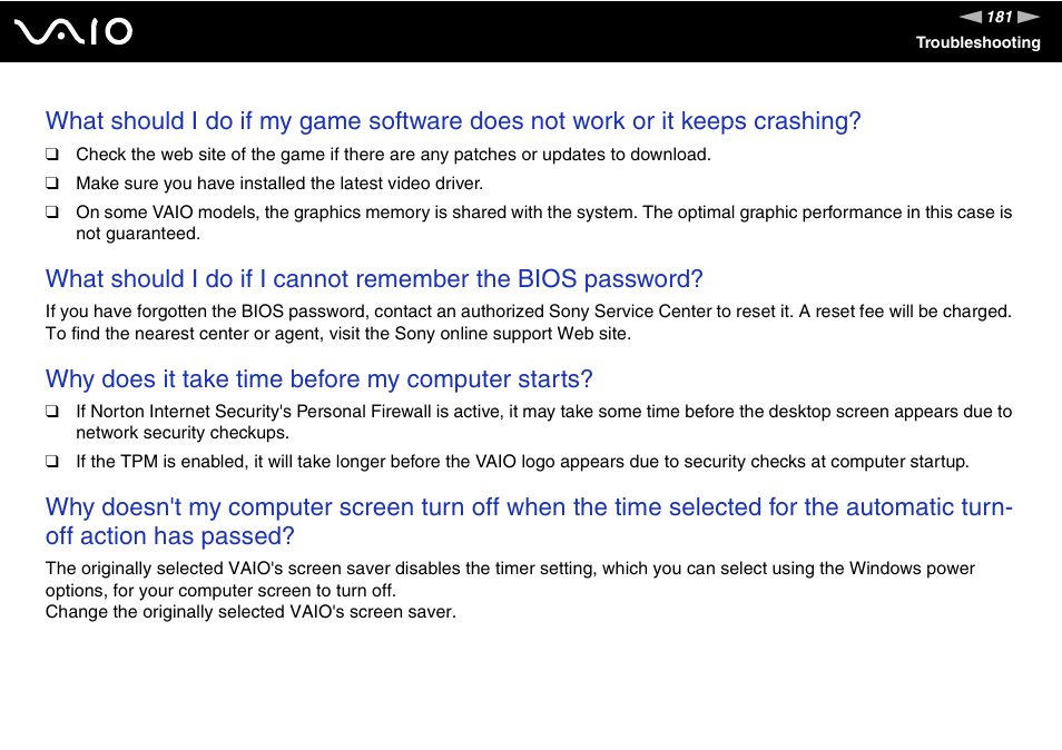 Why does it take time before my computer starts | Sony VGN-BX600 User Manual | Page 181 / 236