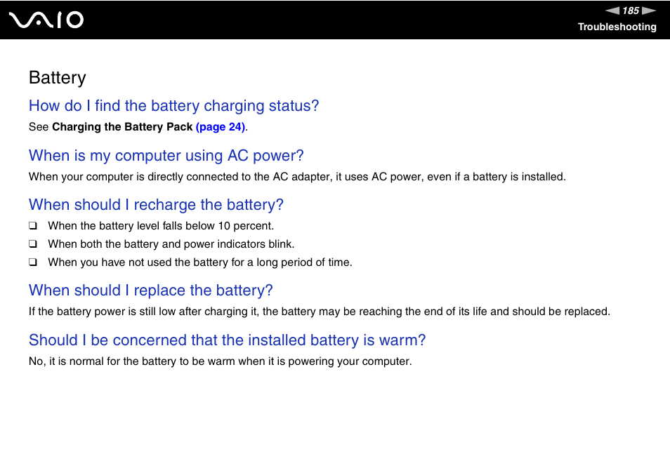 Battery, How do i find the battery charging status, When is my computer using ac power | When should i recharge the battery, When should i replace the battery | Sony VGN-BX600 User Manual | Page 185 / 236