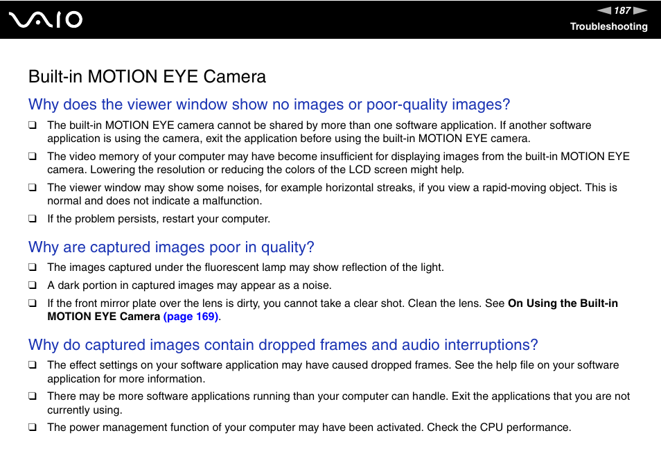 Built-in motion eye camera, Why are captured images poor in quality | Sony VGN-BX600 User Manual | Page 187 / 236