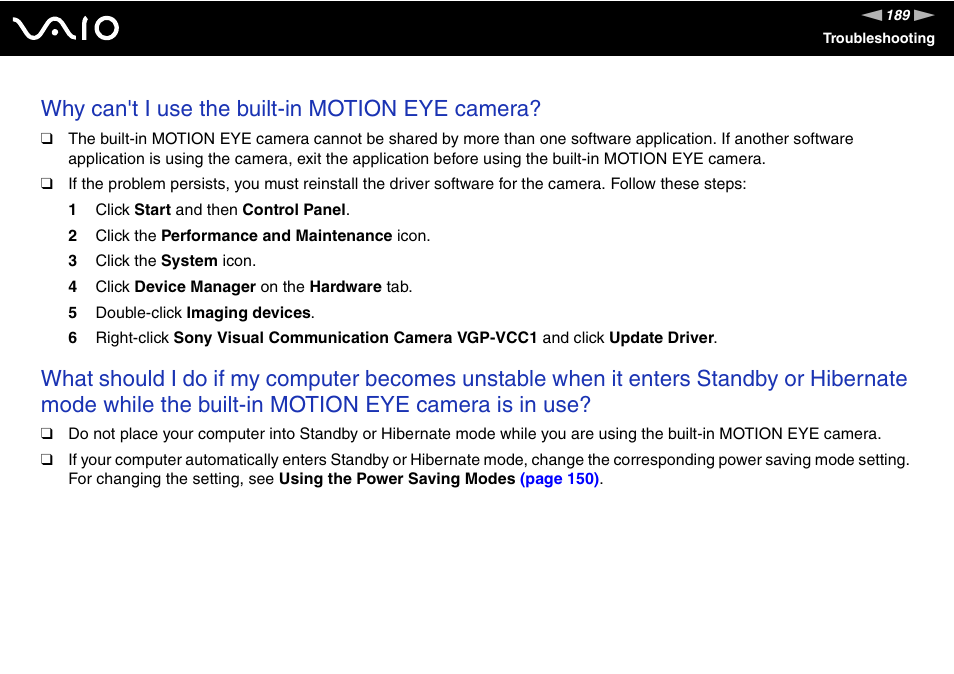 Why can't i use the built-in motion eye camera | Sony VGN-BX600 User Manual | Page 189 / 236