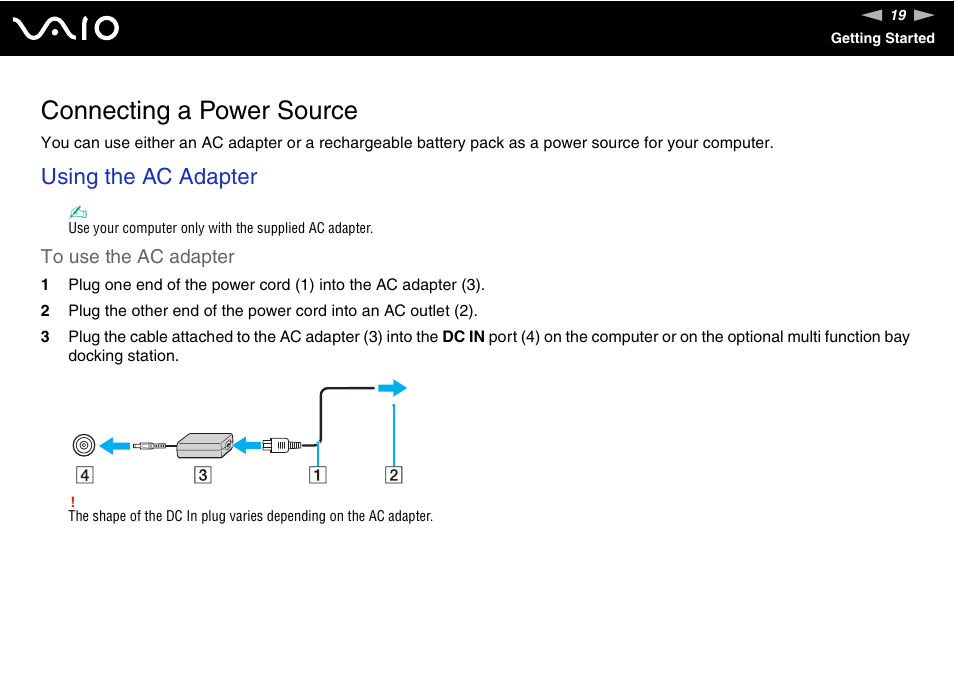 Connecting a power source, Using the ac adapter | Sony VGN-BX600 User Manual | Page 19 / 236