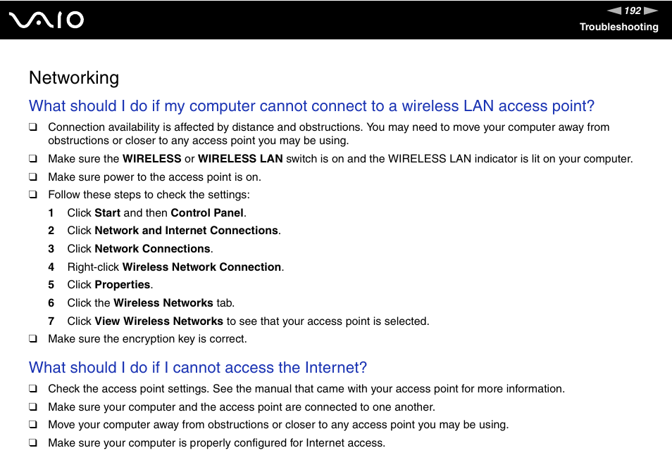 Networking, What should i do if i cannot access the internet | Sony VGN-BX600 User Manual | Page 192 / 236