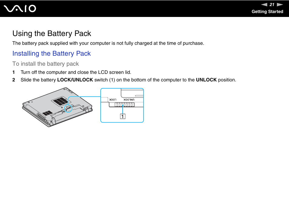 Using the battery pack, Installing the battery pack | Sony VGN-BX600 User Manual | Page 21 / 236