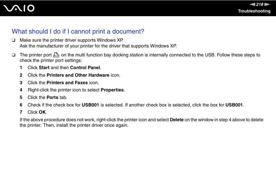 What should i do if i cannot print a document | Sony VGN-BX600 User Manual | Page 218 / 236