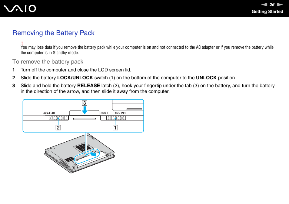 Removing the battery pack | Sony VGN-BX600 User Manual | Page 26 / 236