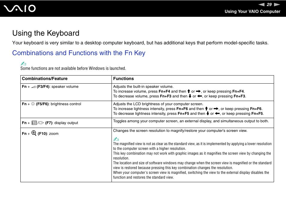 Using the keyboard, Combinations and functions with the fn key | Sony VGN-BX600 User Manual | Page 29 / 236