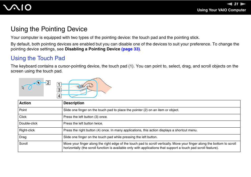 Using the pointing device, Using the touch pad | Sony VGN-BX600 User Manual | Page 31 / 236