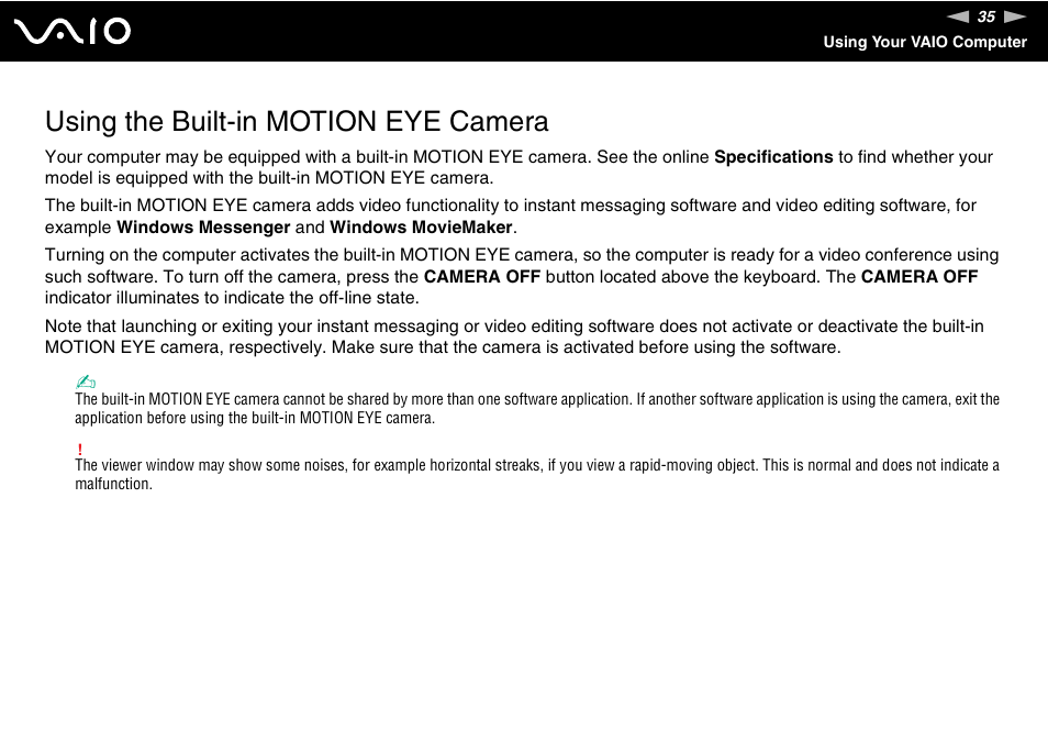 Using the built-in motion eye camera | Sony VGN-BX600 User Manual | Page 35 / 236