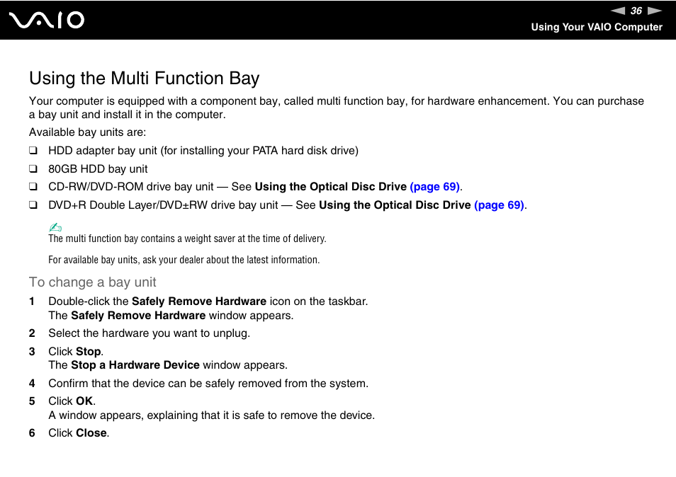 Using the multi function bay | Sony VGN-BX600 User Manual | Page 36 / 236