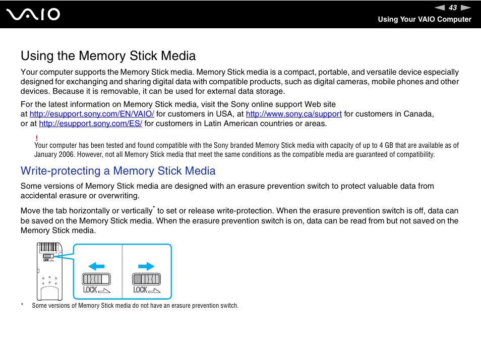 Using the memory stick media | Sony VGN-BX600 User Manual | Page 43 / 236