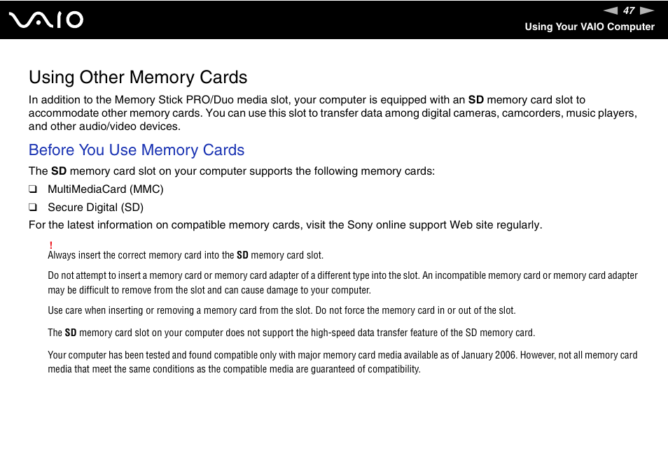 Using other memory cards | Sony VGN-BX600 User Manual | Page 47 / 236