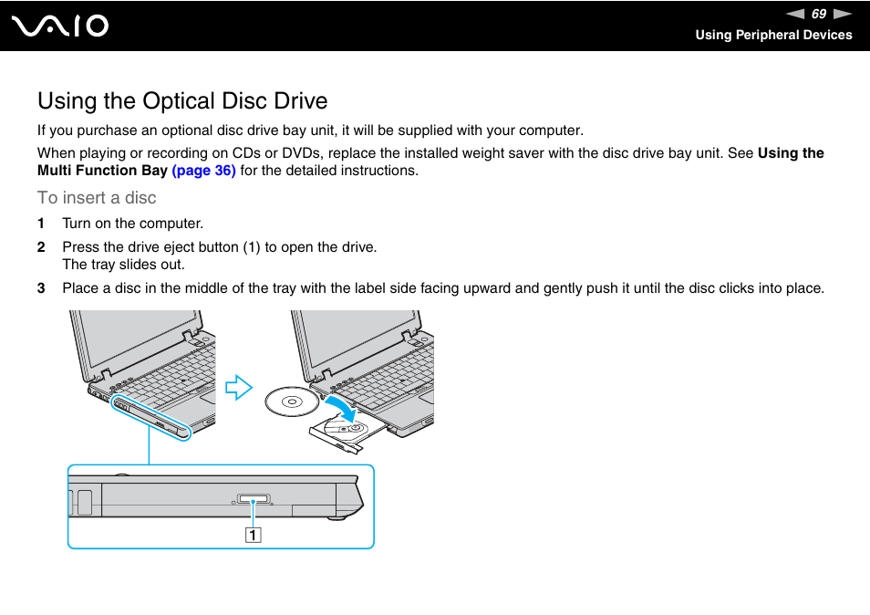 Using the optical disc drive | Sony VGN-BX600 User Manual | Page 69 / 236