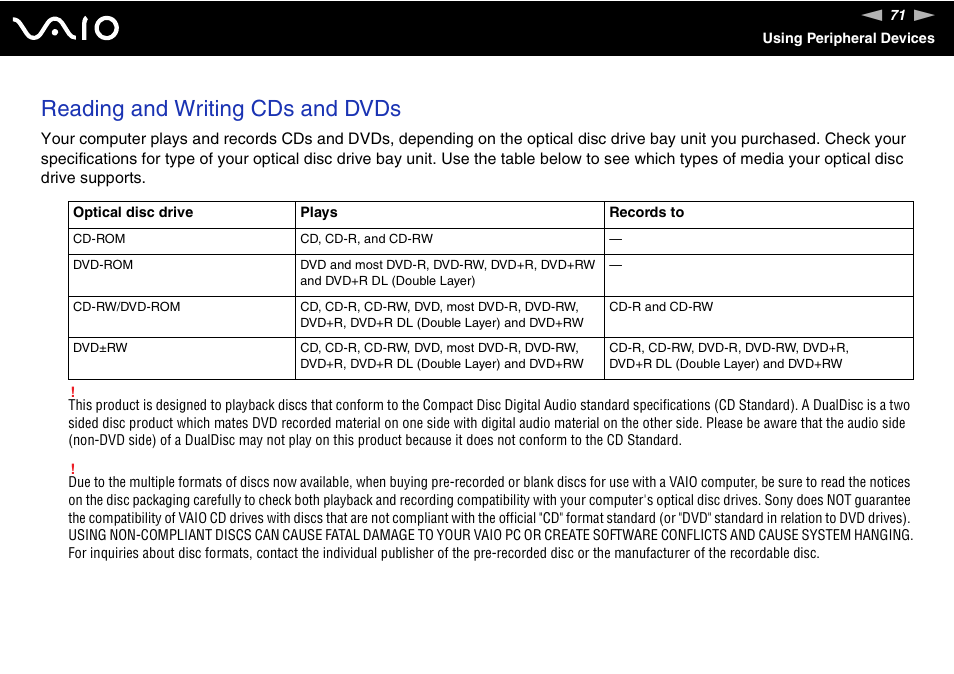 Reading and writing cds and dvds | Sony VGN-BX600 User Manual | Page 71 / 236