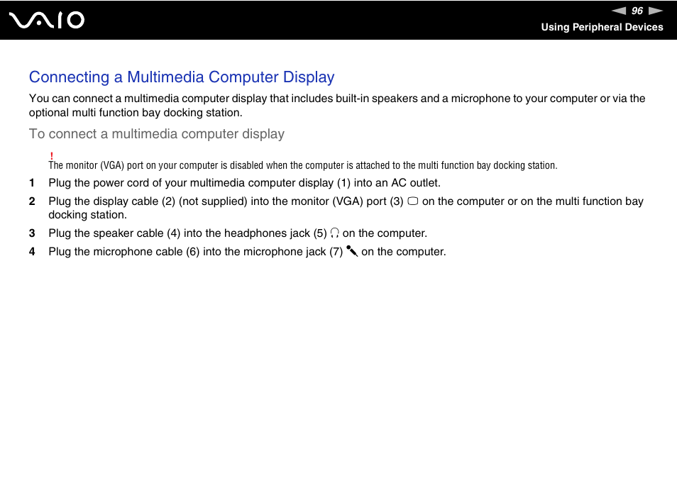 Connecting a multimedia computer display | Sony VGN-BX600 User Manual | Page 96 / 236