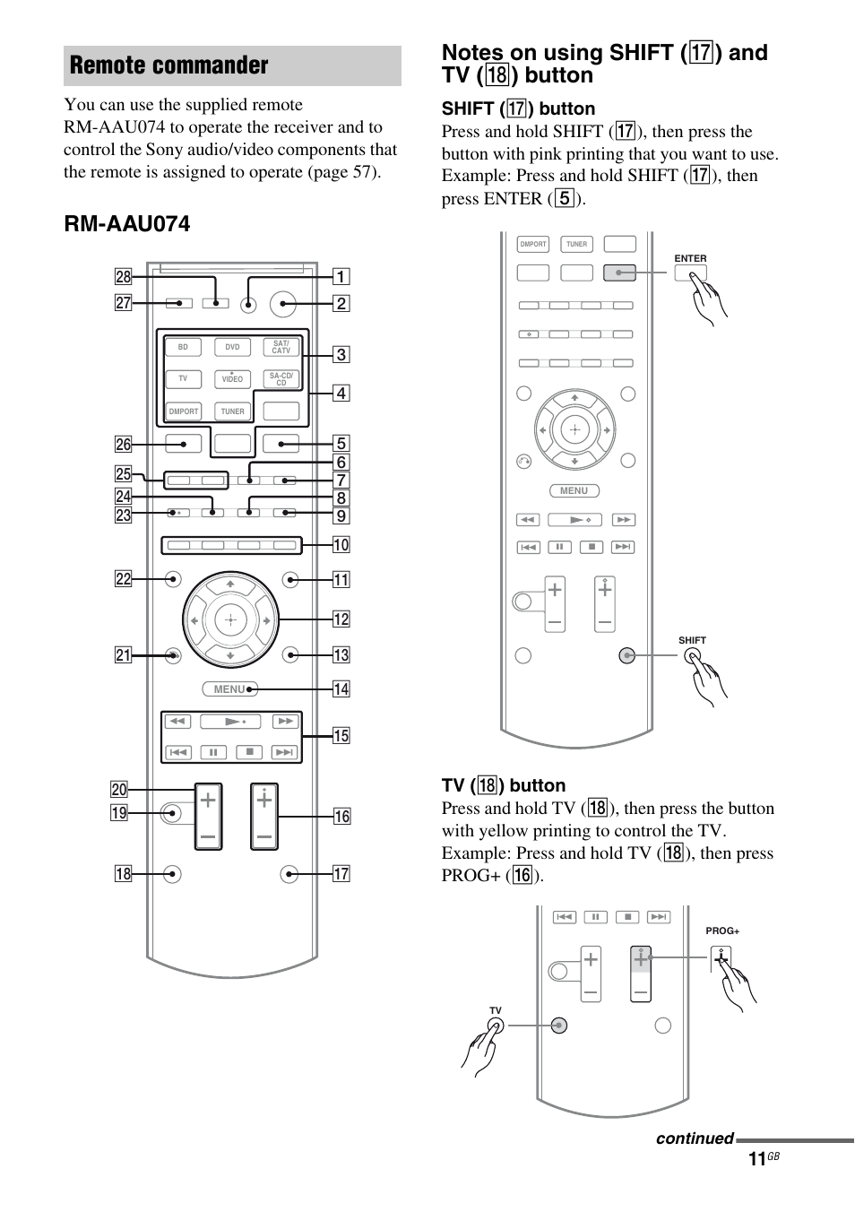 Remote commander, Continued | Sony HTSS370 User Manual | Page 11 / 76