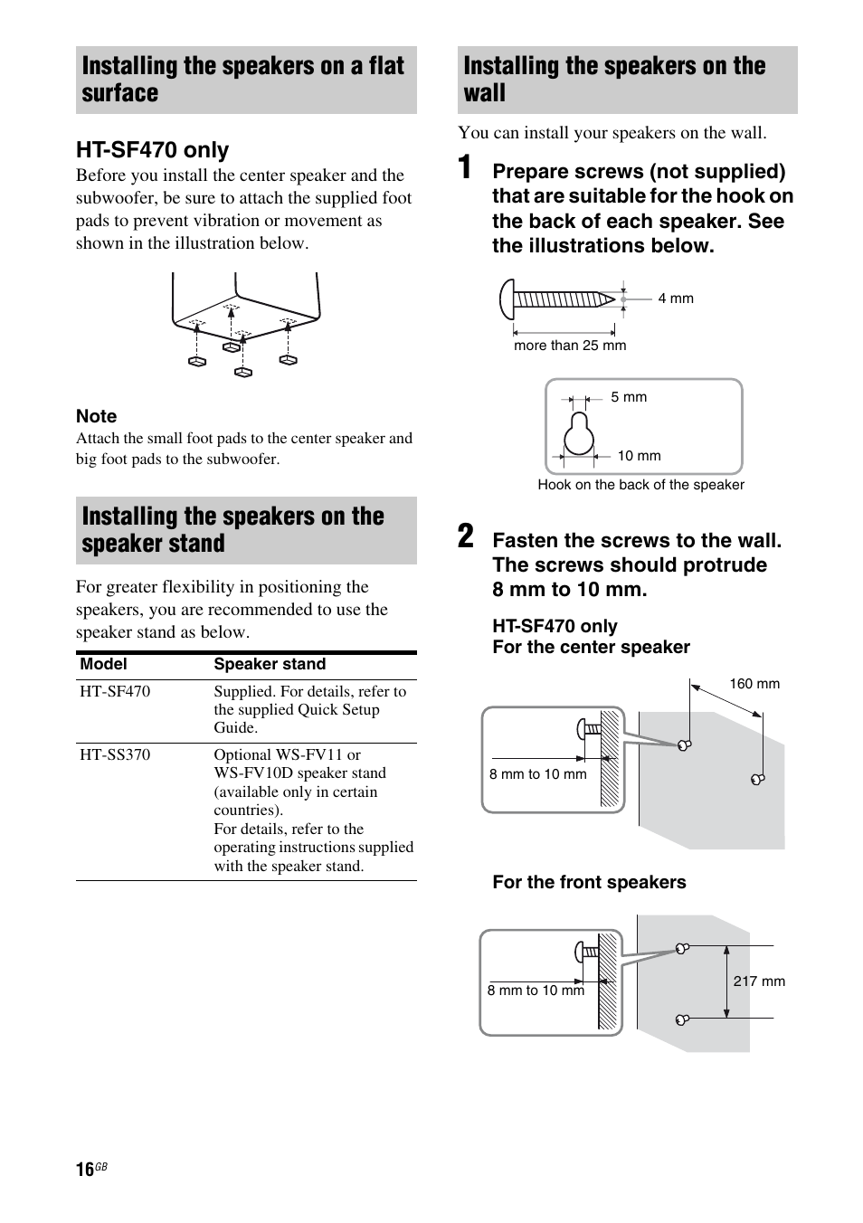 Installing the speakers on the wall, Ht-sf470 only | Sony HTSS370 User Manual | Page 16 / 76