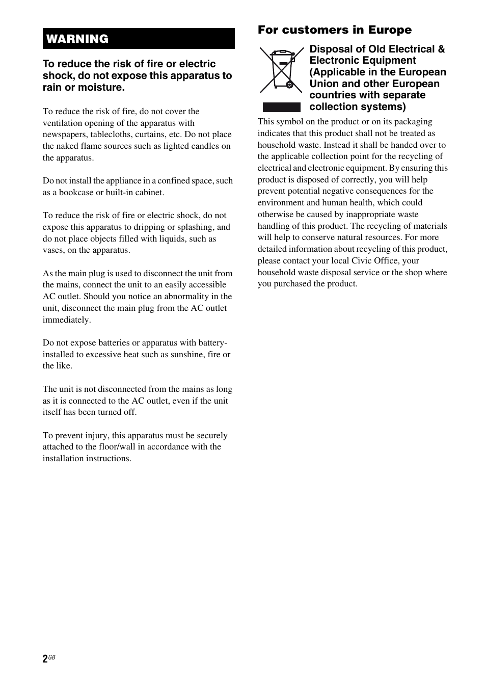 For customers in europe, Warning | Sony HTSS370 User Manual | Page 2 / 76