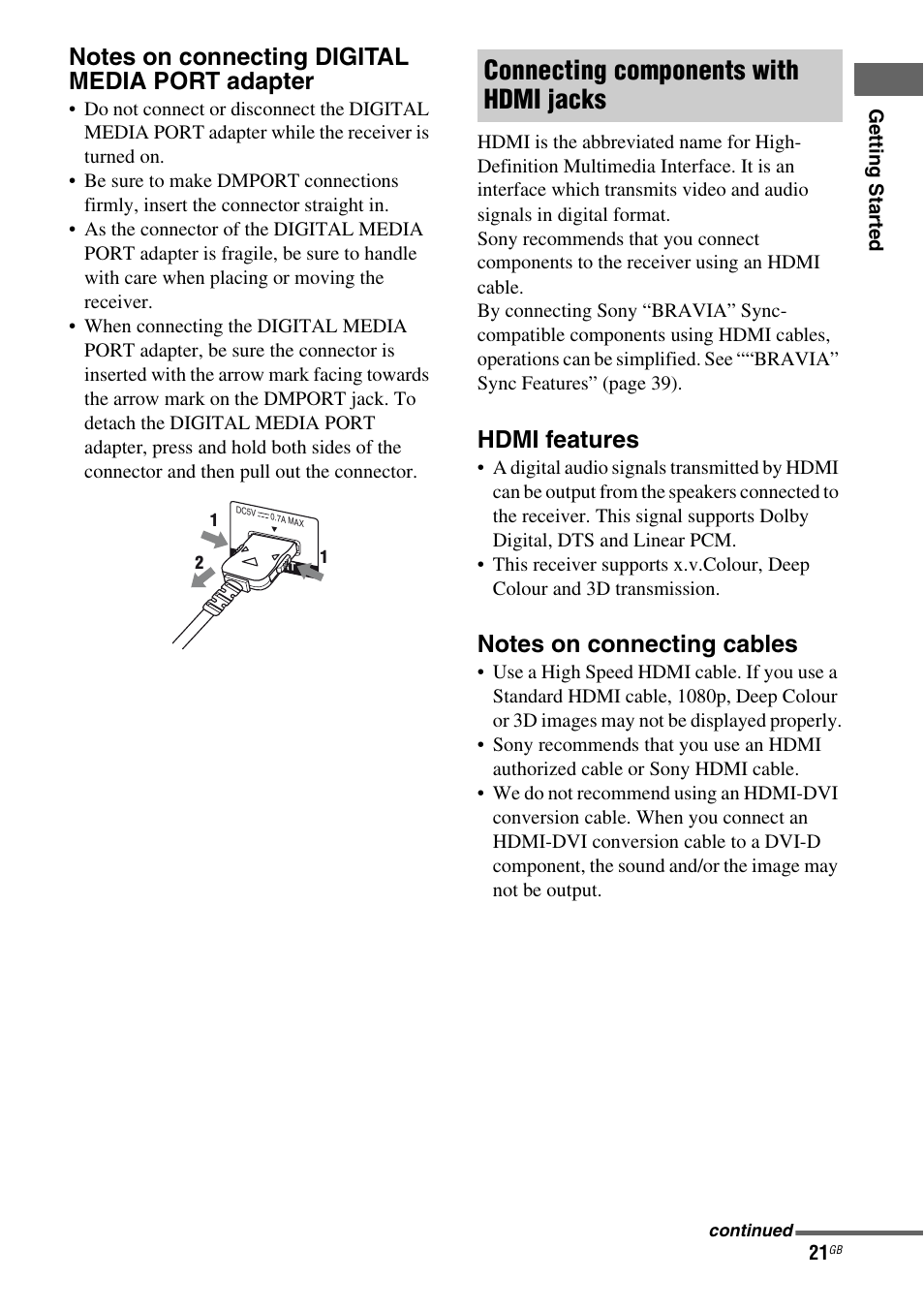 Connecting components with hdmi jacks, Hdmi features | Sony HTSS370 User Manual | Page 21 / 76