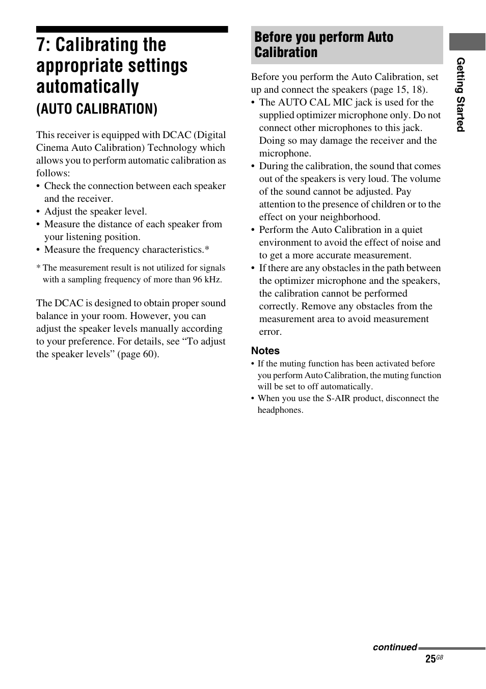 Calibrating the appropriate settings, Automatically, Auto calibration) | Calibrating the appropriate settings automatically, Before you perform auto calibration | Sony HTSS370 User Manual | Page 25 / 76