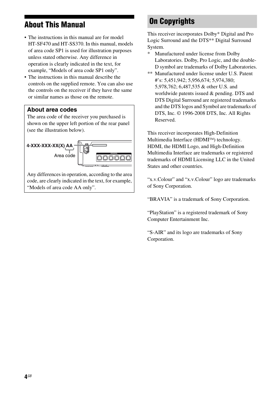 About this manual, On copyrights, About area codes | Sony HTSS370 User Manual | Page 4 / 76