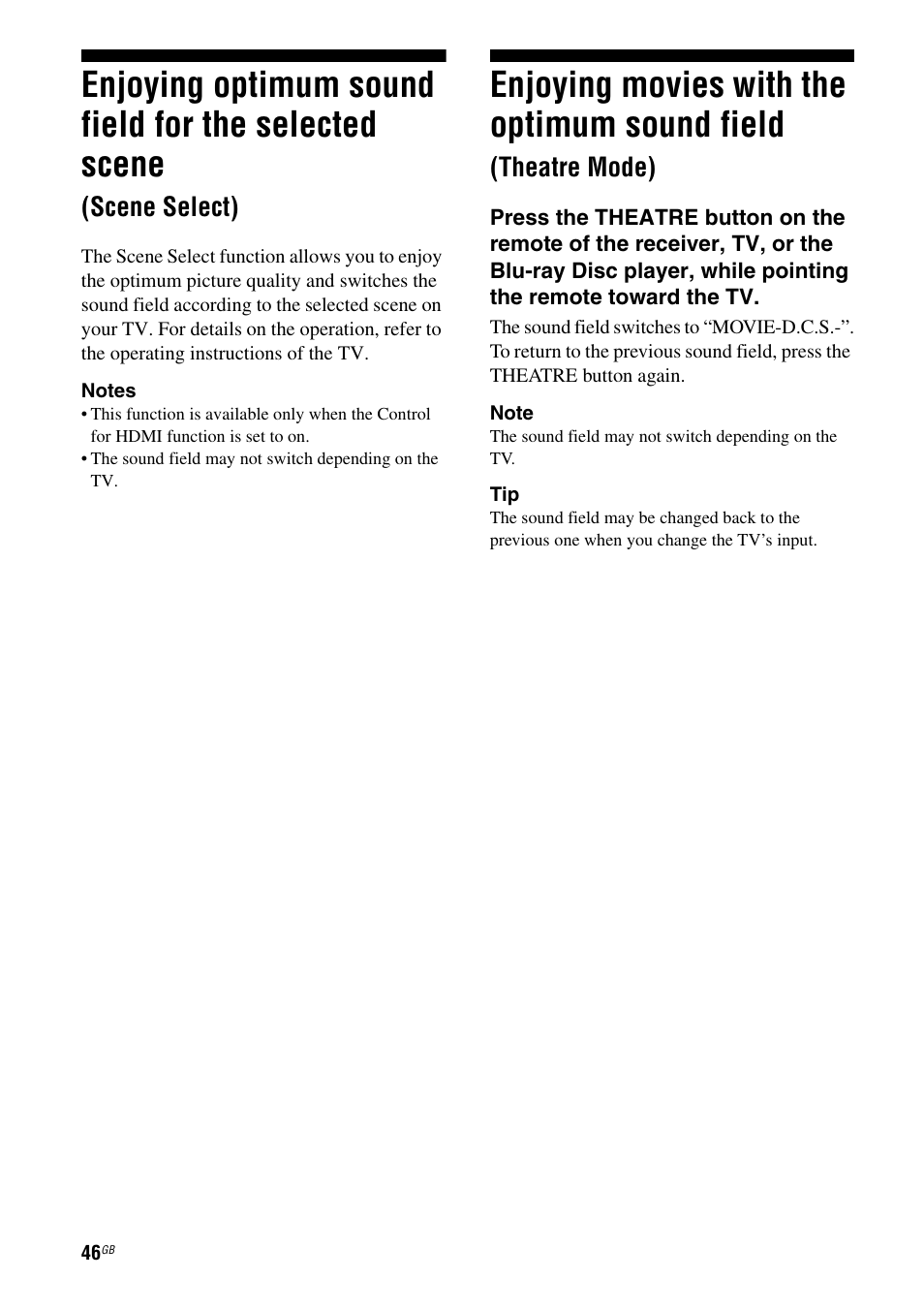 Enjoying optimum sound field for the, Selected scene (scene select), Enjoying movies with the optimum | Sound field (theatre mode), Enjoying movies with the optimum sound field, Scene select), Theatre mode) | Sony HTSS370 User Manual | Page 46 / 76