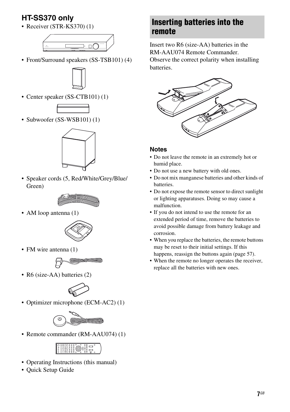 Inserting batteries into the remote, Ht-ss370 only | Sony HTSS370 User Manual | Page 7 / 76