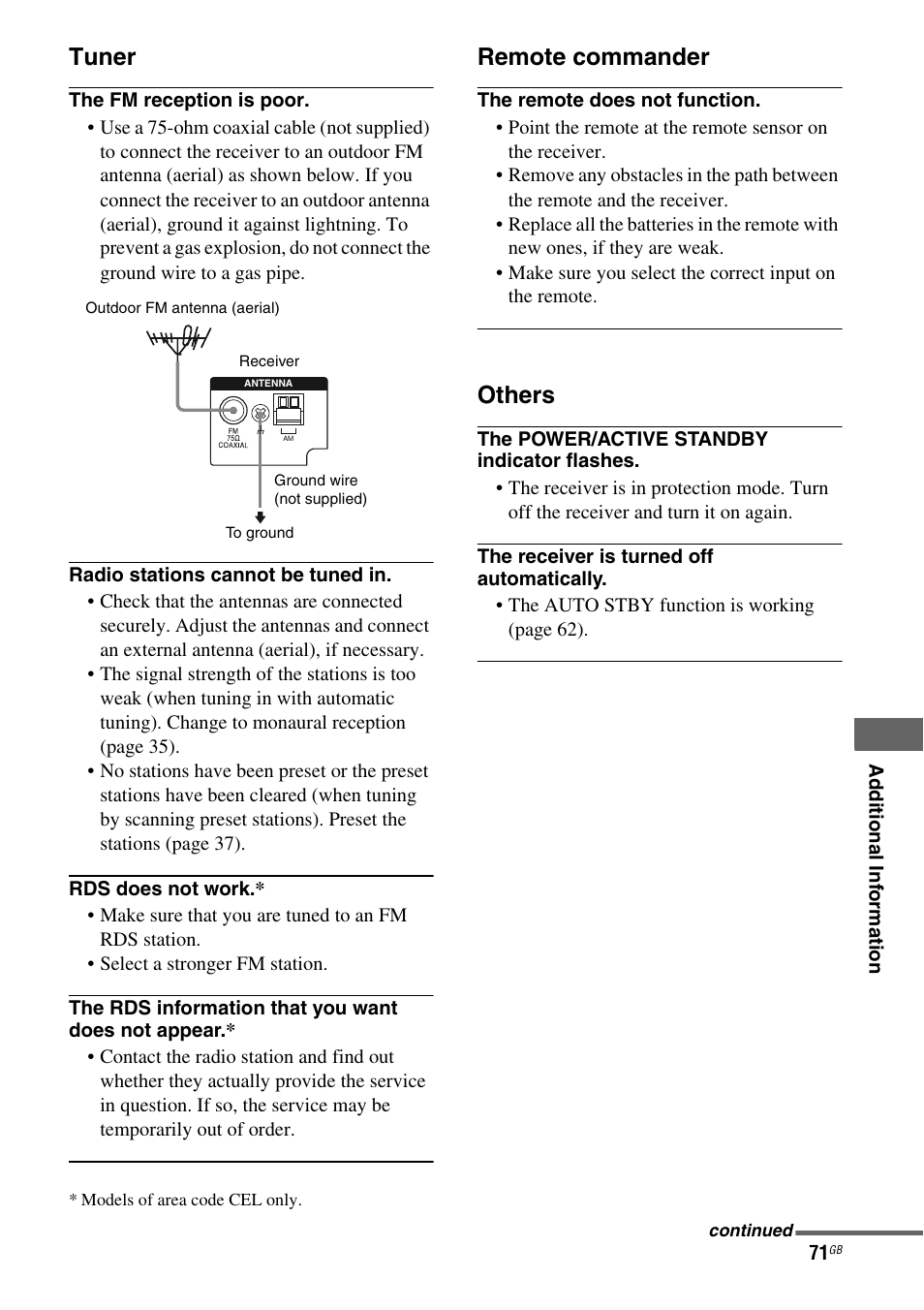 Tuner, Remote commander, Others | Sony HTSS370 User Manual | Page 71 / 76