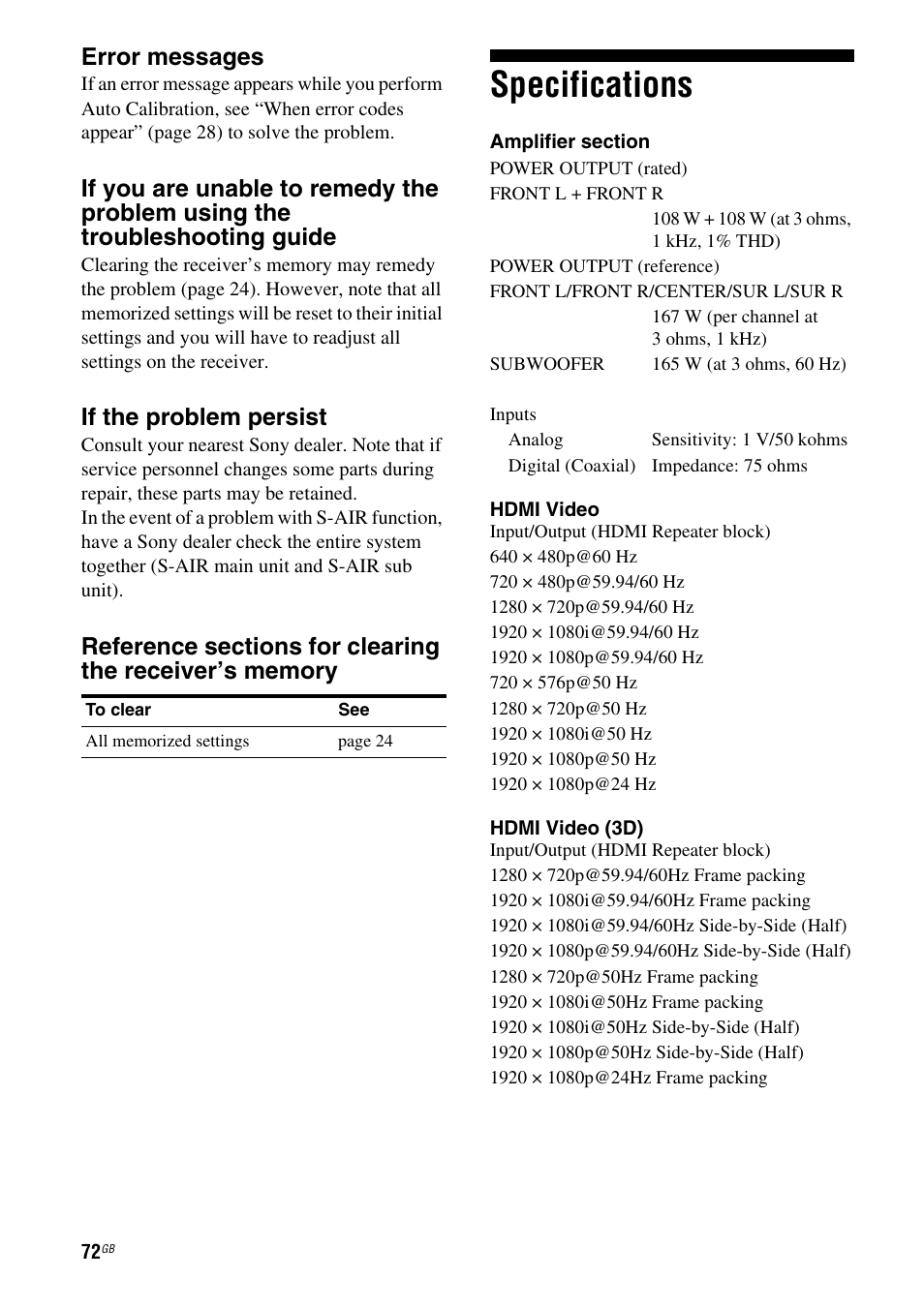 Specifications, Error messages, If the problem persist | Sony HTSS370 User Manual | Page 72 / 76