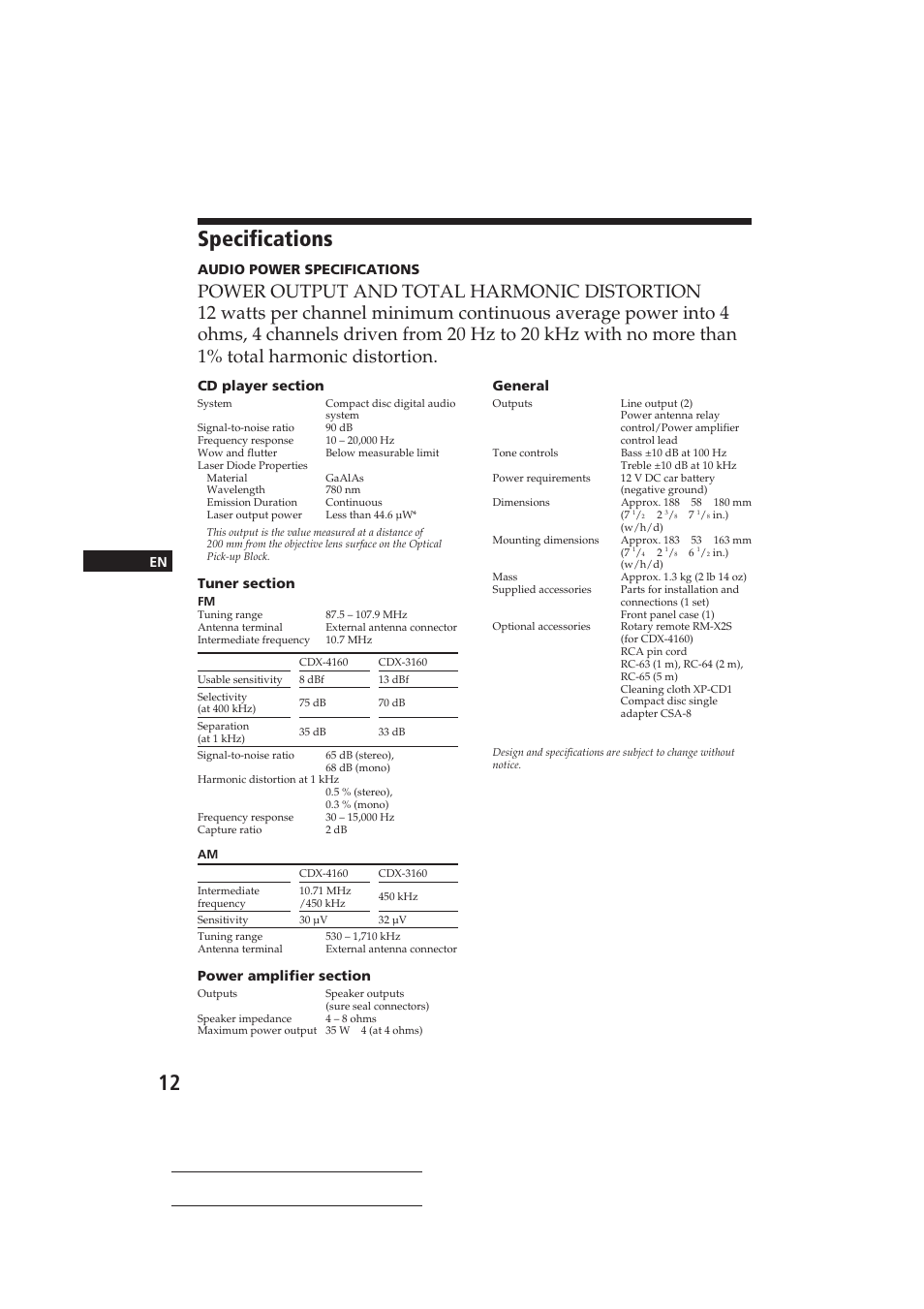 Specifications | Sony CDX-416 User Manual | Page 12 / 15