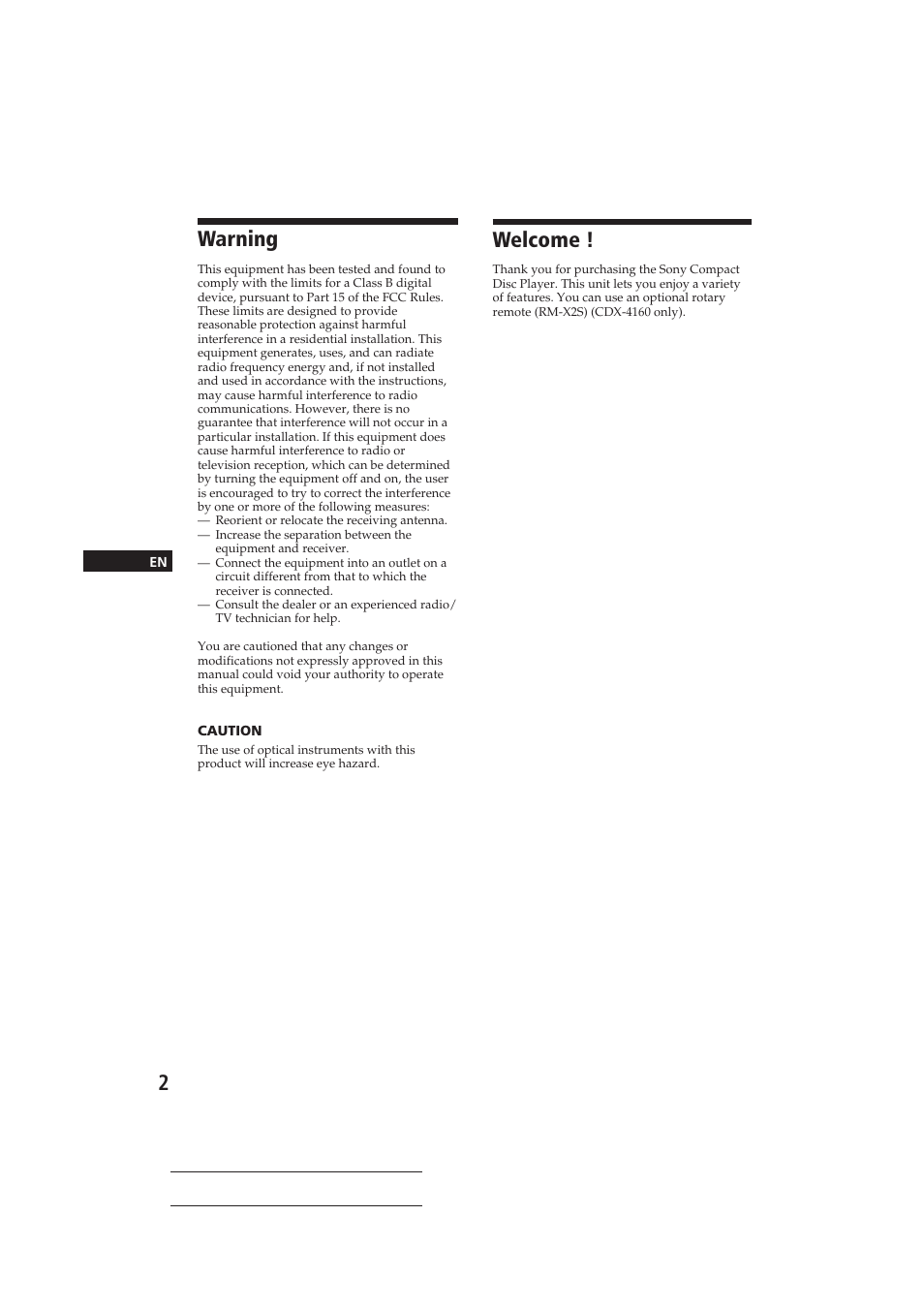 Welcome, Warning | Sony CDX-416 User Manual | Page 2 / 15