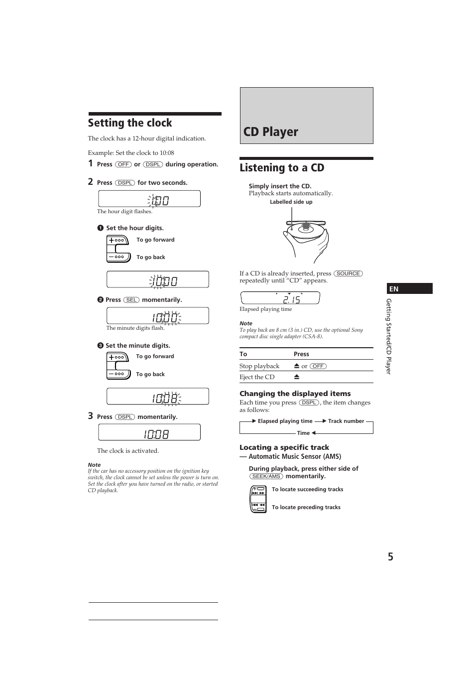 Cd player, Setting the clock, Listening to a cd | Sony CDX-416 User Manual | Page 5 / 15