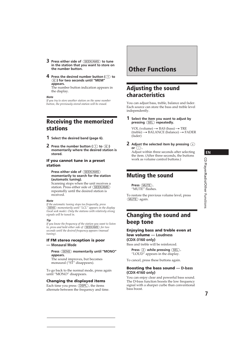 Other functions, Adjusting the sound characteristics, Muting the sound | Changing the sound and beep tone | Sony CDX-416 User Manual | Page 7 / 15