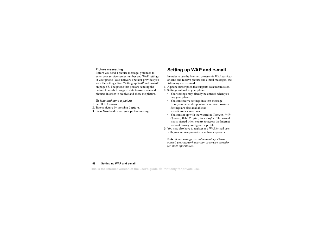 Setting up wap and e-mail, Setting up wap and e-mail 58 | Sony T630 User Manual | Page 58 / 103
