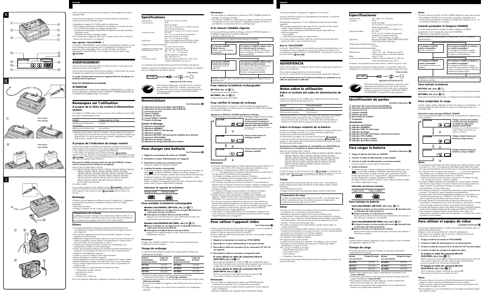 Spécifications, Nomenclature, Pour charger une batterie | Avertissement, Remarques sur l’utilisation, Pour utiliser l’appareil vidéo, Advertencia, Notas sobre la utilización, Especificaciones, Identificación de partes | Sony AC VQ800 User Manual | Page 2 / 2