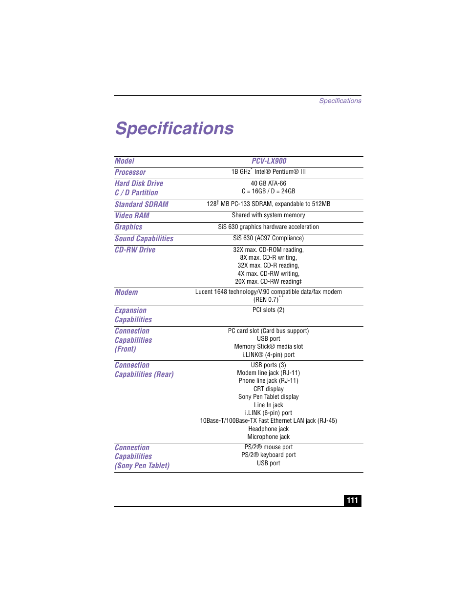 Specifications | Sony PCV-LX900 User Manual | Page 111 / 116